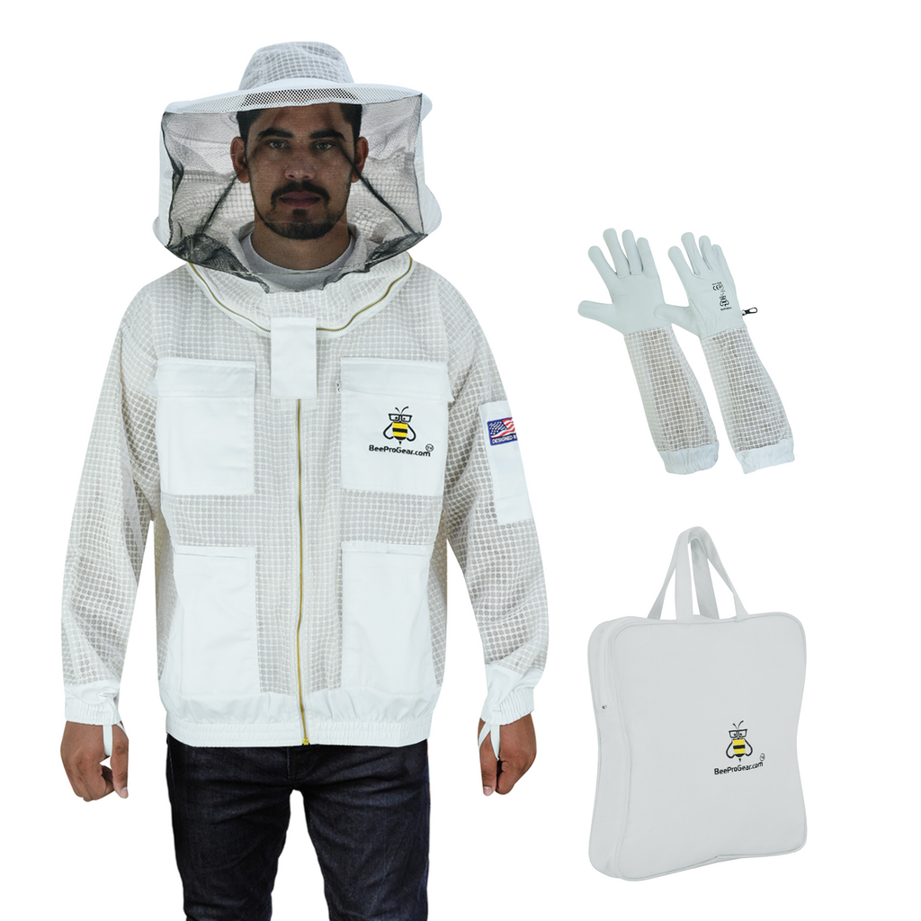 BeeProGear Beekeeping Jacket for Unisex Bee Jacket 3-Layer Ultra Ventilated Mesh with Round Veil & Sting-Proof Beekeeping Coat | White